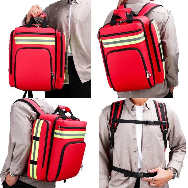 Detailed close-up of emergency backpack heavy-duty zipper and fabric