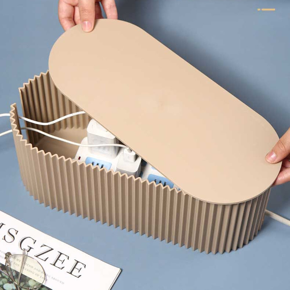 White cable organizer box for desktop wire storage and cord management