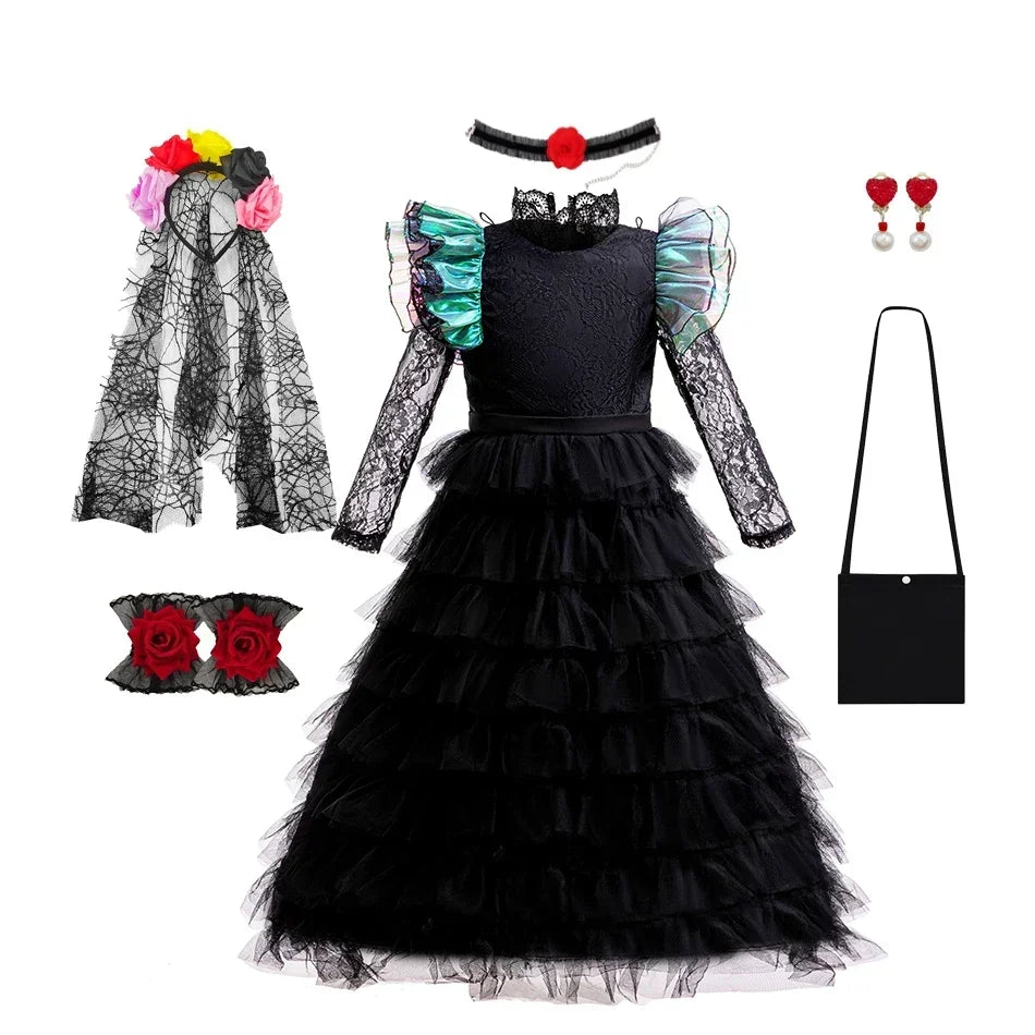 Close up of the velvet bodice and intricate details on the kids emerald green Halloween fancy dress