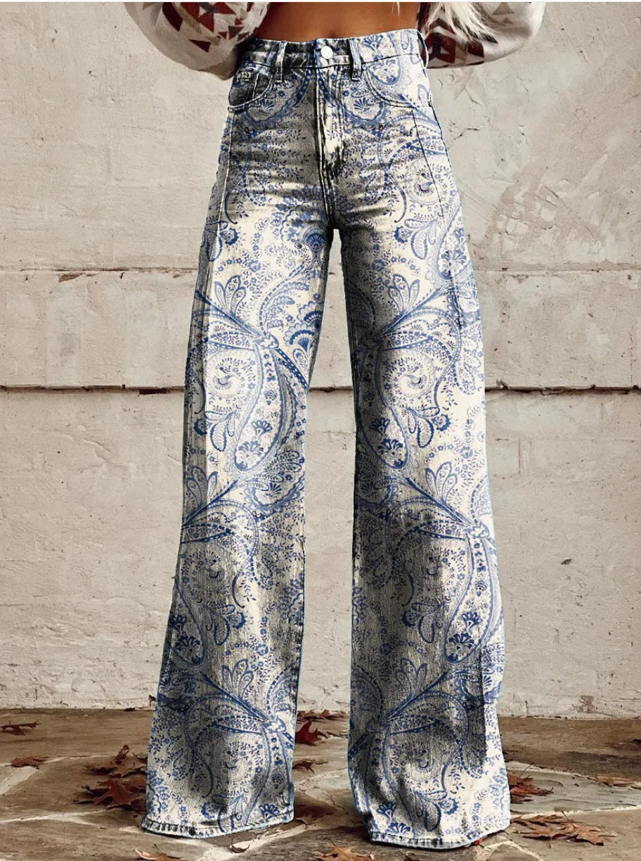 Full outfit inspiration featuring women's floral wide leg pants styled for warm weather fashion.