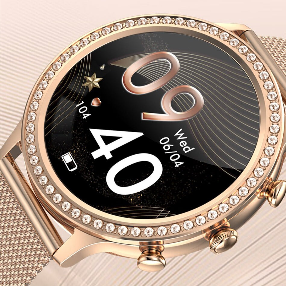 Blood pressure watch displaying vital health metrics on vibrant display