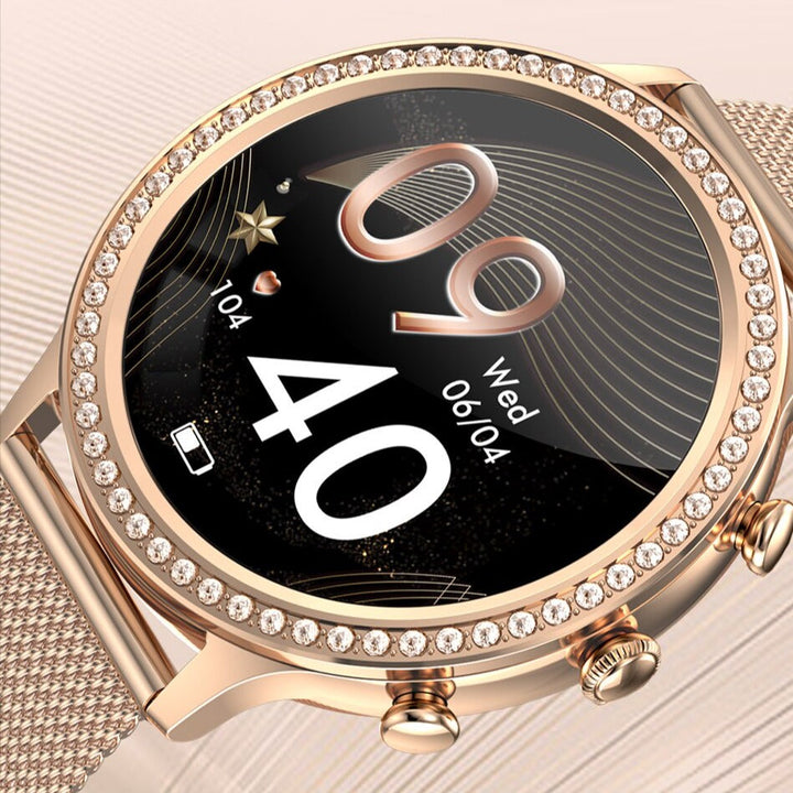 Blood pressure watch displaying vital health metrics on vibrant display