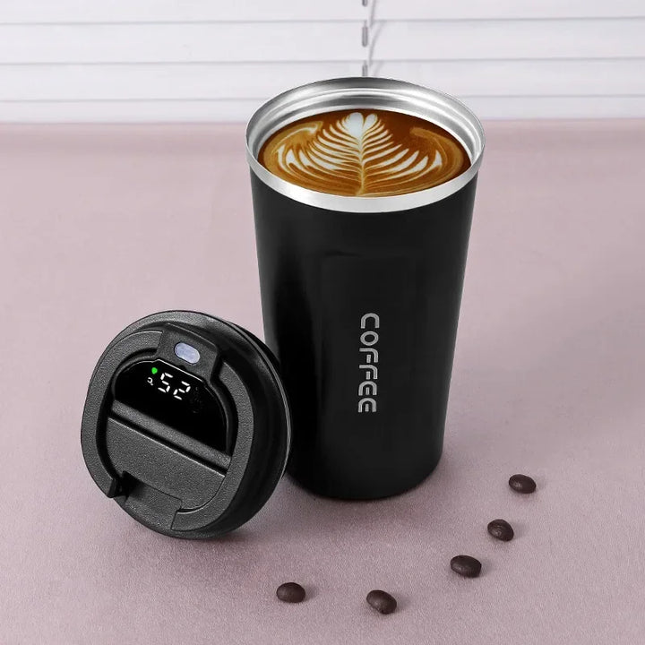 Stylish travel coffee cup with intelligent temperature sensor lid