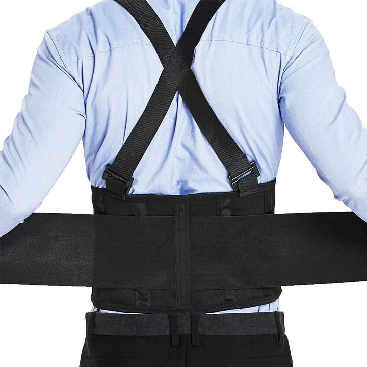 Back view showing the X-strap design and lumbar support panel of the lifting belt
