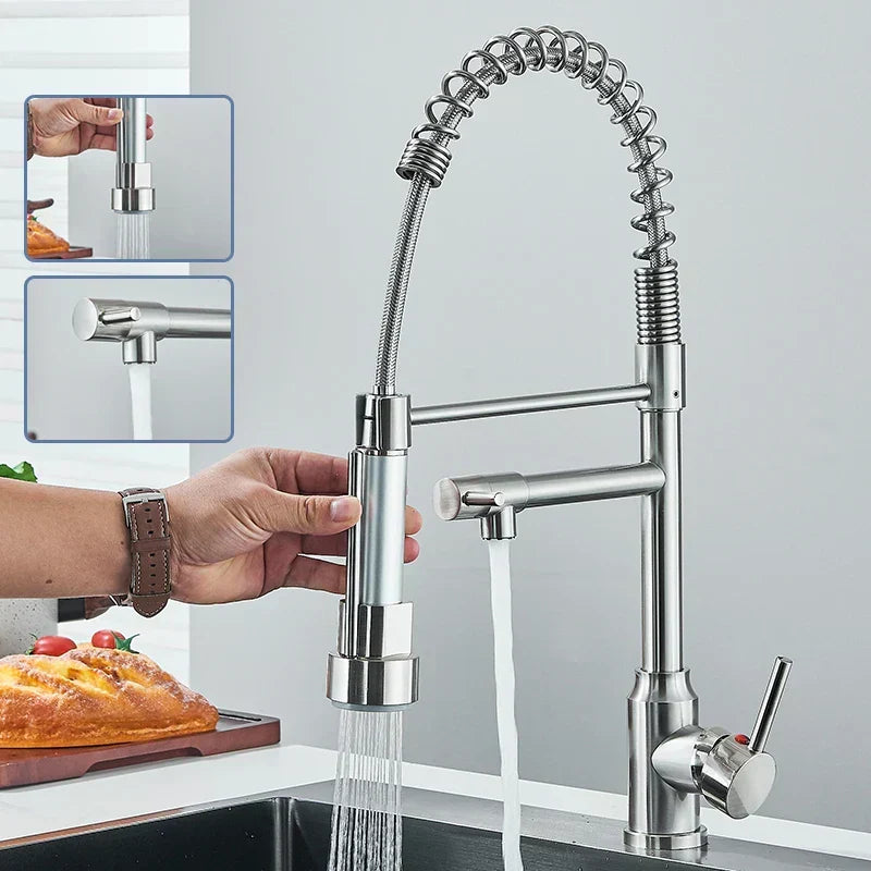 Kitchen faucet demonstrating dual spray modes with inset detail shots