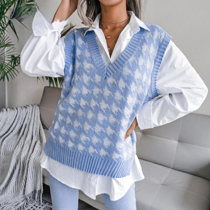 Layered top featuring a women's plaid knit waistcoat