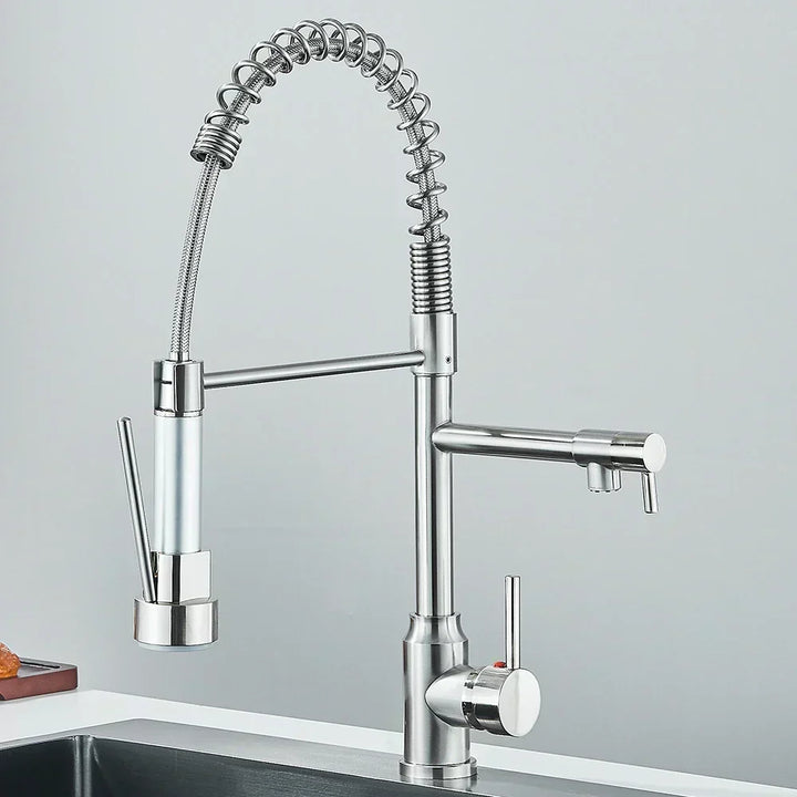Brushed nickel modern kitchen mixer faucet with flexible spring