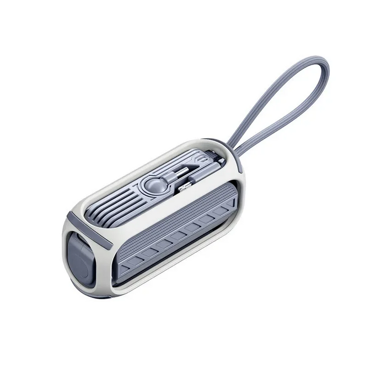 Phone accessories neatly arranged, featuring the compact travel power bank in use