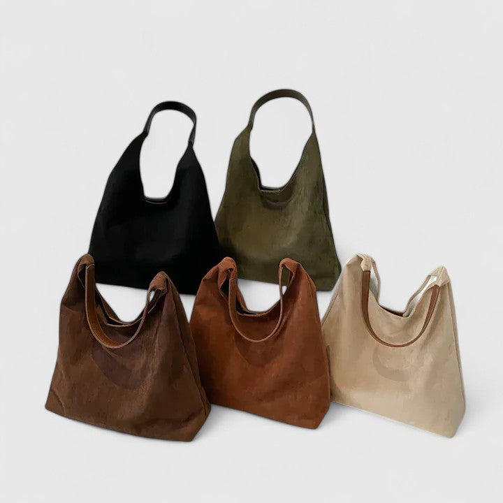 Five minimalist shoulder bags in Chestnut Brown, Beige, Coffee, Green, and Black displayed together