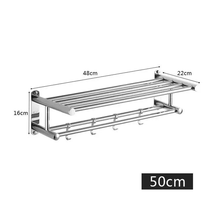 Wall mounted towel holder rack showcasing sleek metal design and hooks