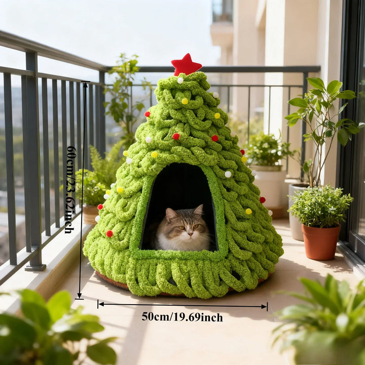 Green Christmas tree cat scratcher and cozy cave bed with pom pom toys