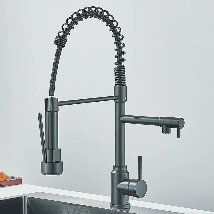 Matte black dual-spray kitchen faucet installed on sink