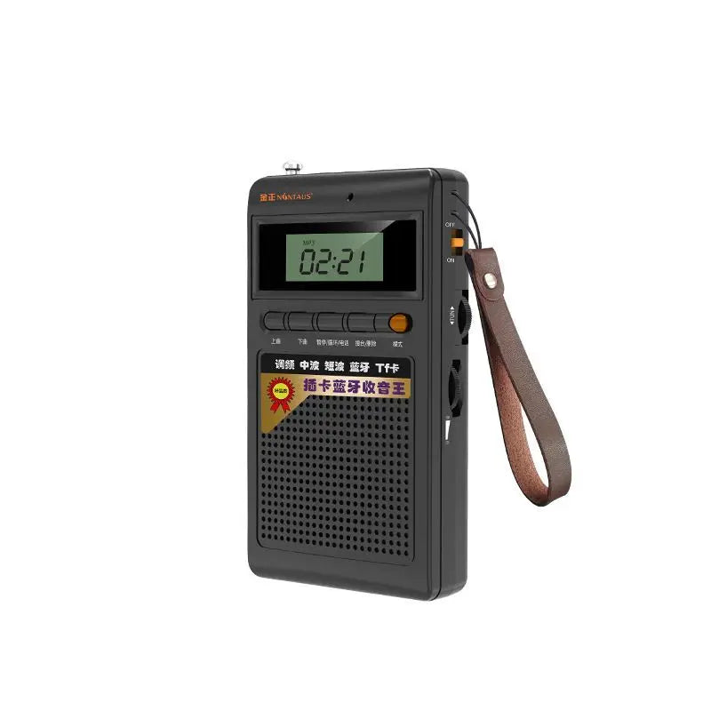Mini bluetooth radio with telescopic antenna for enhanced signal reception.