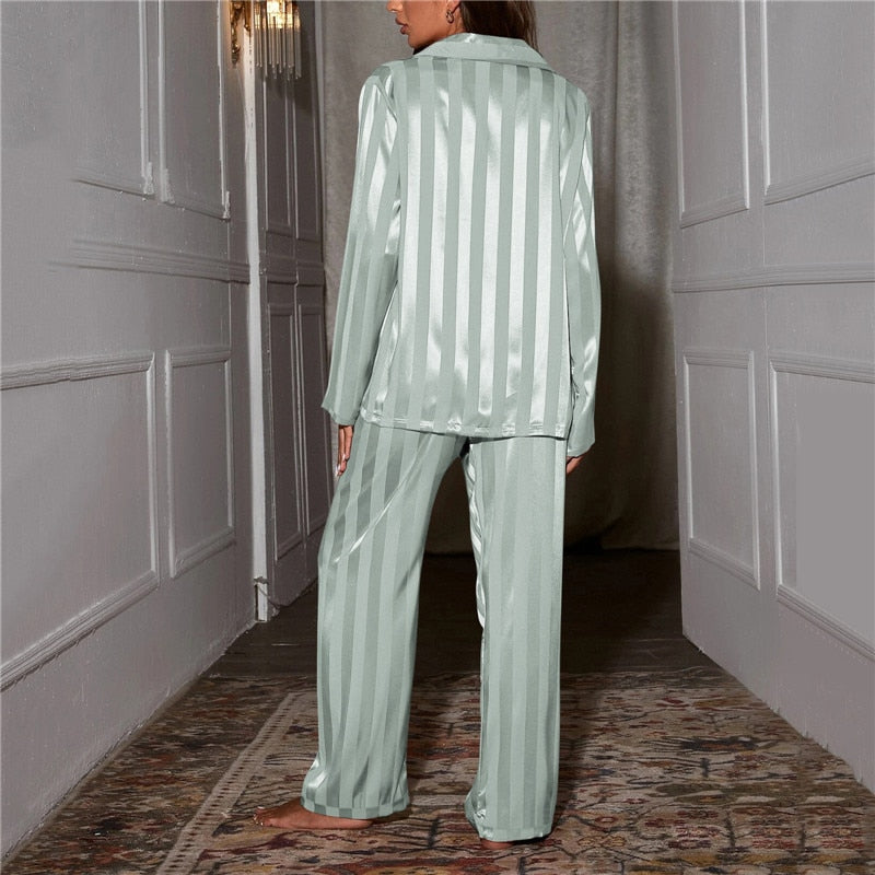 Womens luxe stripe pajama set top closeup showing buttons and collar
