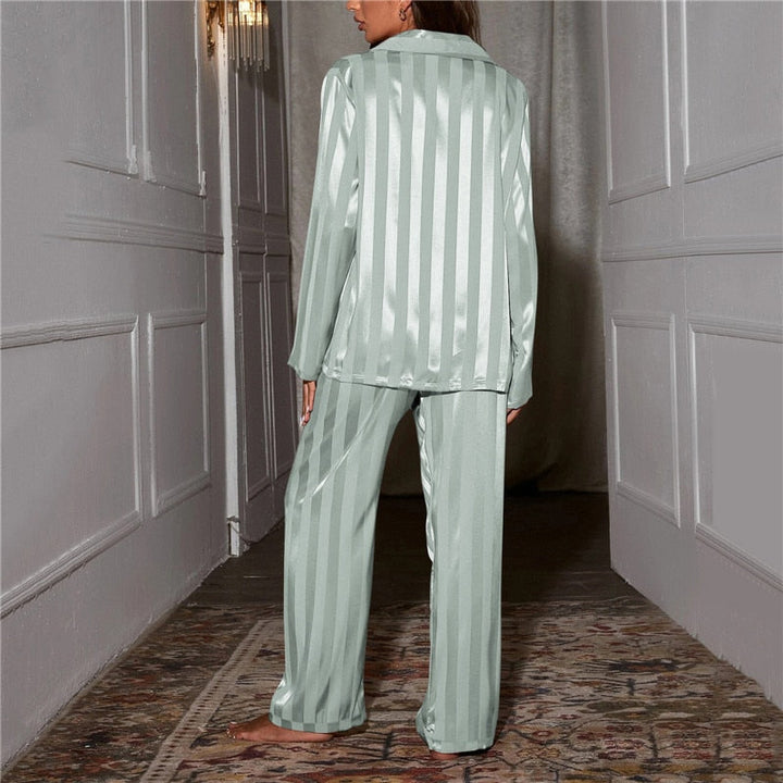 Womens luxe stripe pajama set top closeup showing buttons and collar