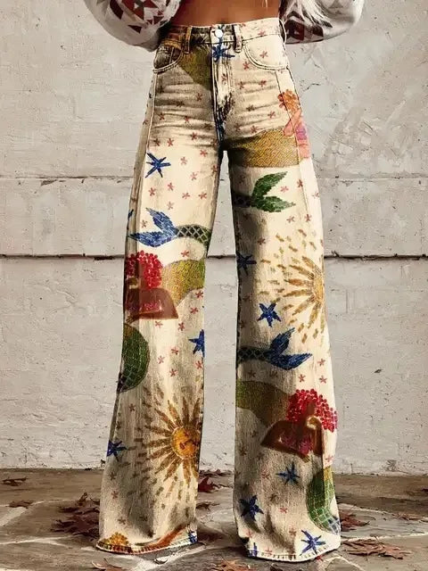 Women's floral print wide leg trousers featuring a comfortable elastic waist for casual summer wear.
