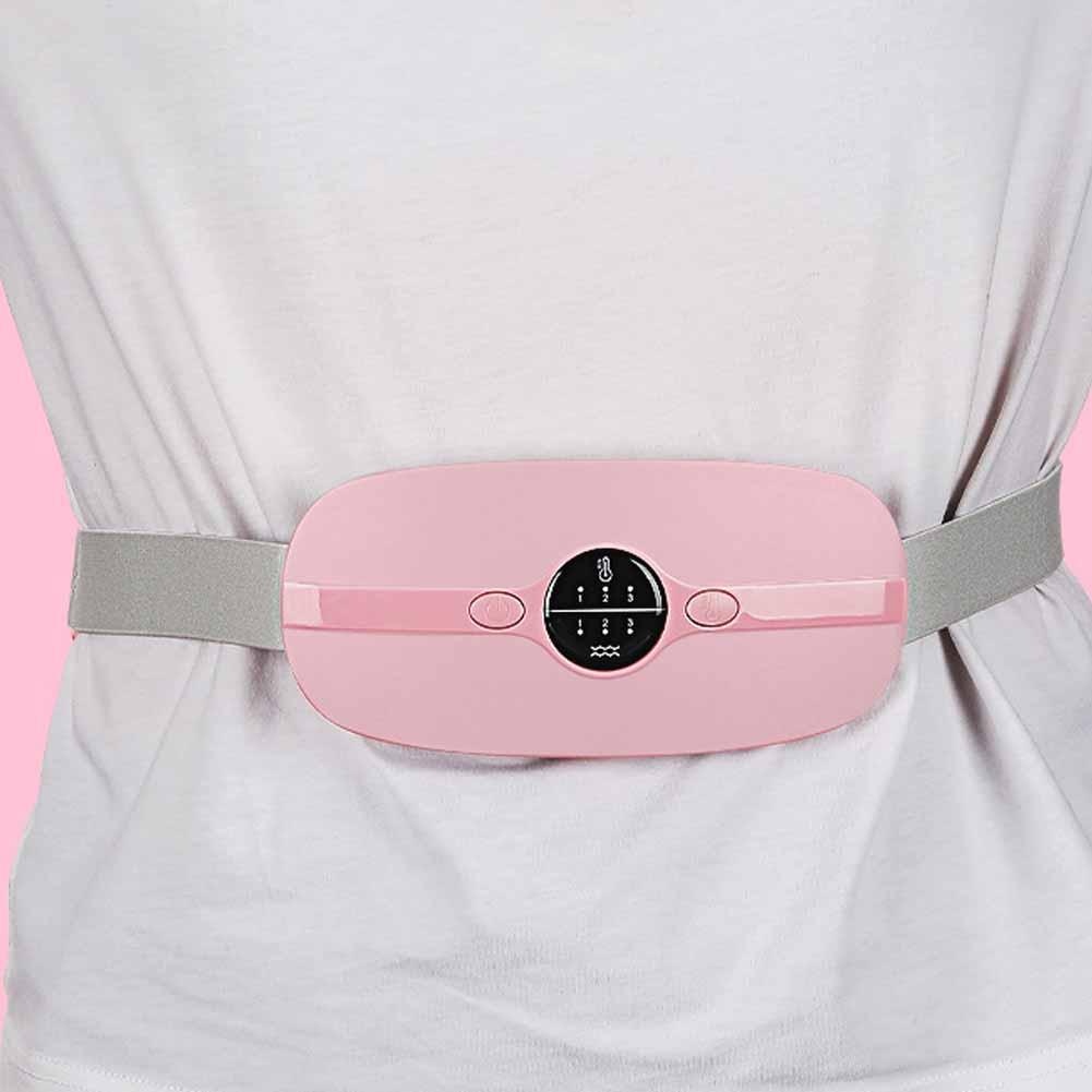 Person wearing pink cordless heated waist wrap with control panel