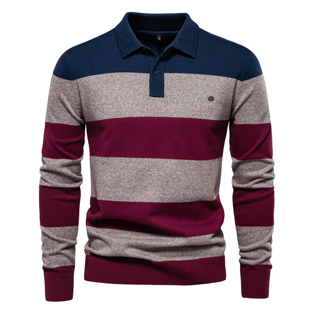 Theo | Men’s Striped Knit Long Sleeve Polo Sweater