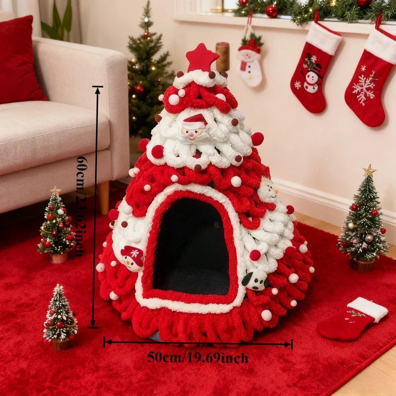 Angle view of Christmas tree cat bed showing soft interior cushioning