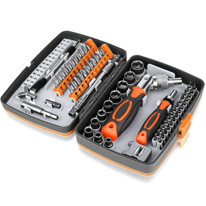 Open 68-in-1 ratchet screwdriver set case displaying all tools and bits