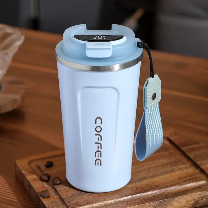 Stainless steel smart thermos cup showing accurate beverage temperature
