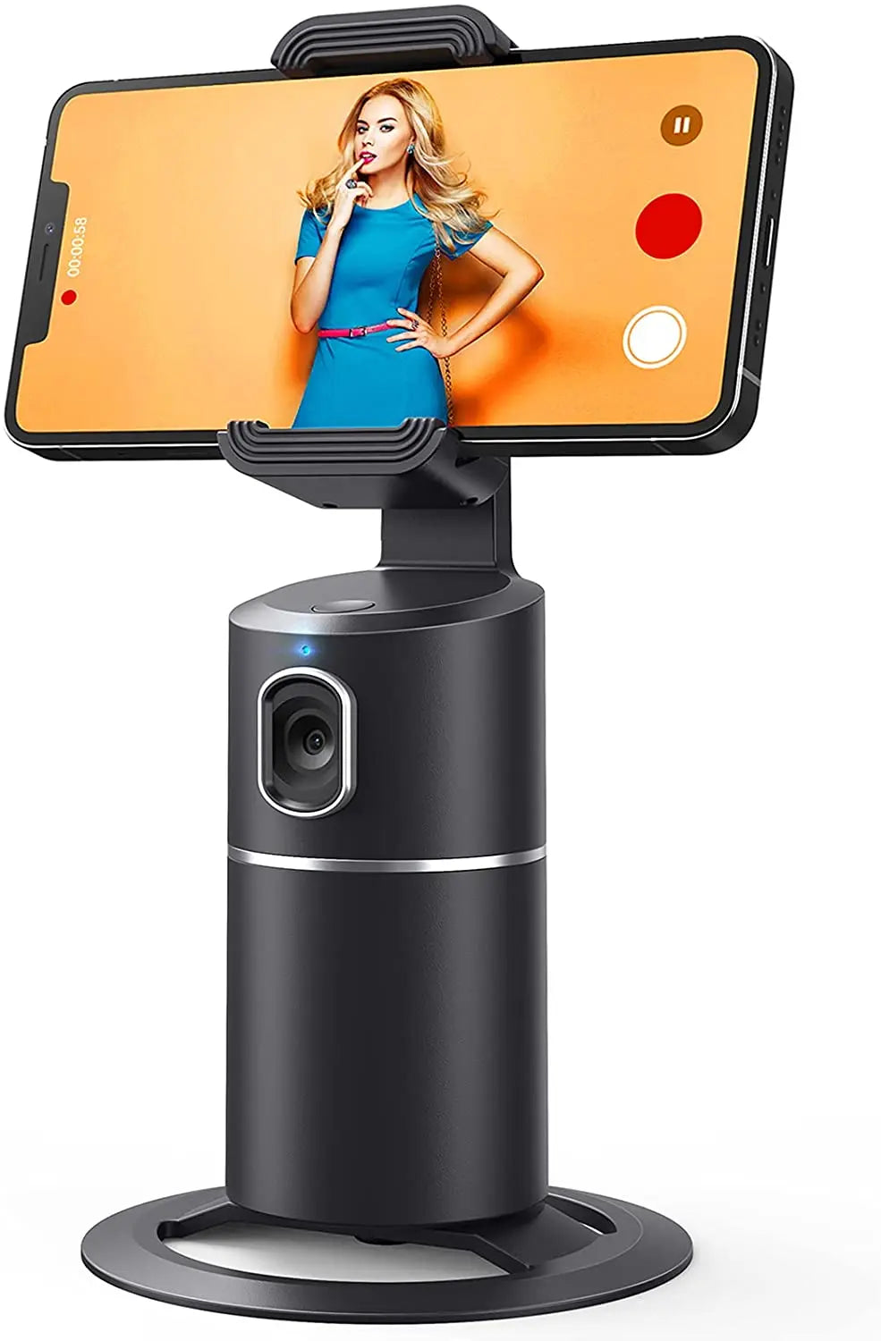Black auto-tracking phone holder displaying a smartphone with a person on screen