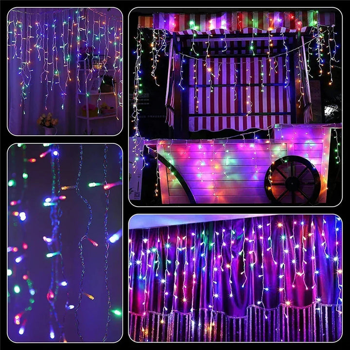 Collage showing multicolored icicle drop string lights in various settings
