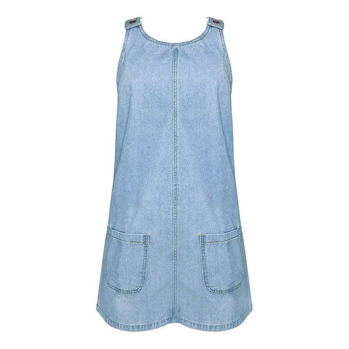 Close up fabric texture of light blue casual women's denim dress