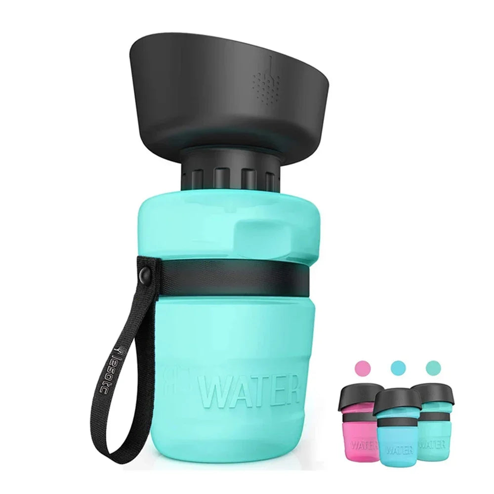 Turquoise foldable dog water bottle with black attached bowl and strap
