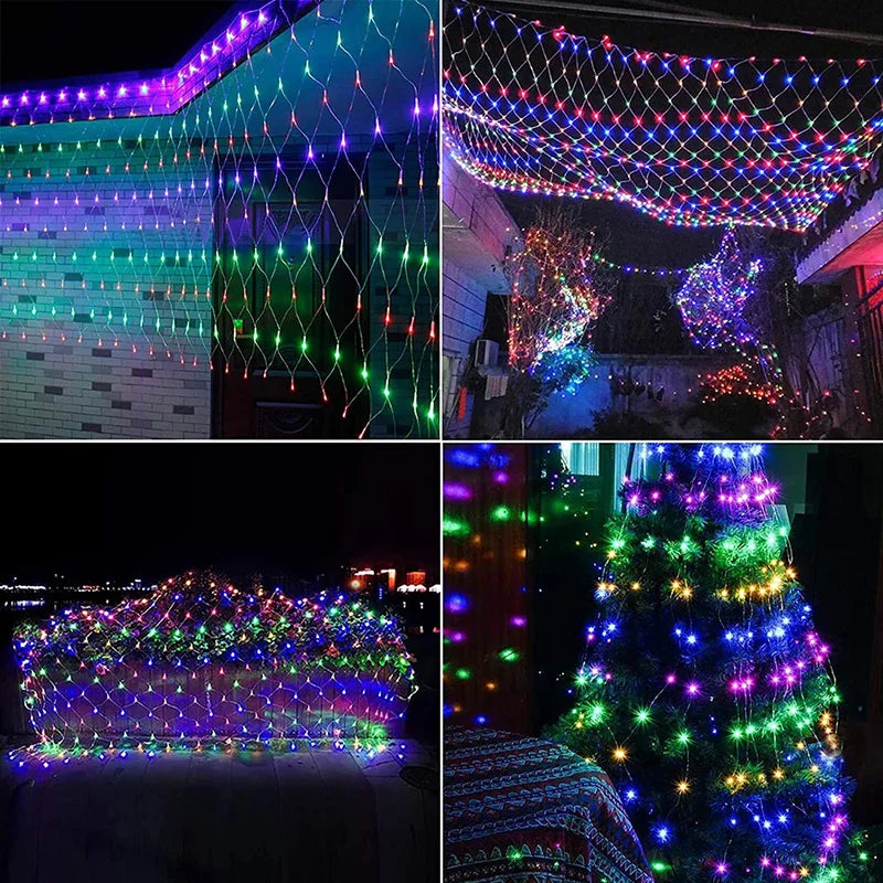 Collage showing multicolored solar fairy lights decorating outdoor hedges and a tree