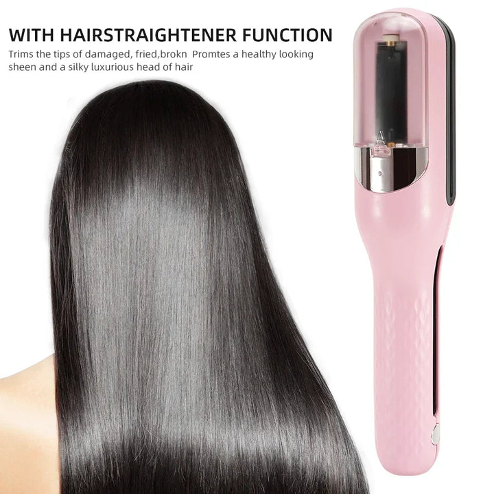 Portable cordless hair trimmer resting on a clean white surface with hair care accessories.