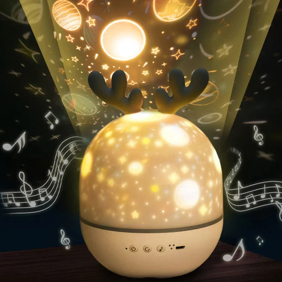 Childrens LED star night light projector casting glowing constellations and music notes onto the ceiling