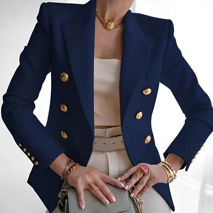 Close up of statement buttons on a stylish womens business casual blazer