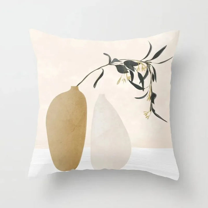 Botanical velvet cushion cover with abstract vase and branch illustration in neutral tones