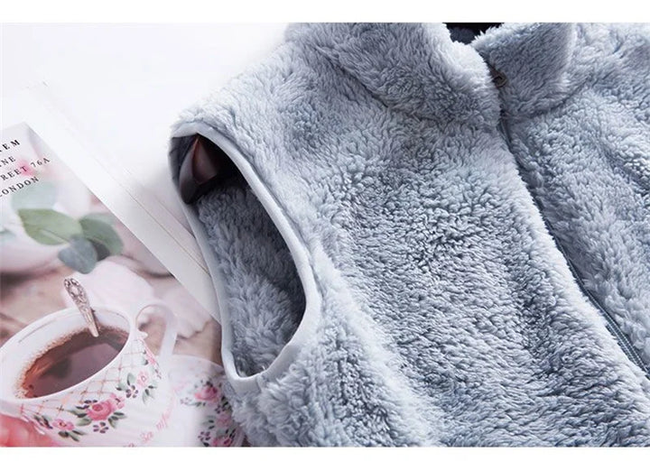 Warm sleeveless jacket showing texture and detail of the fleece material