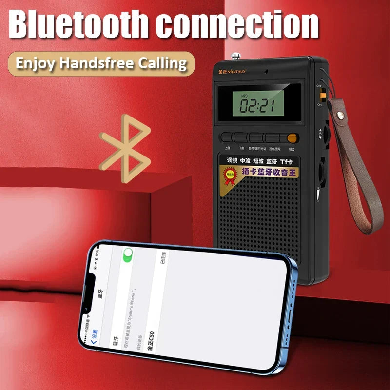 Mini Bluetooth radio paired with a smartphone for wireless streaming and calls
