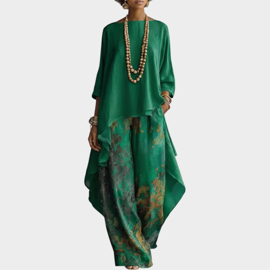 Floral boho tunic and wide leg pants matching set for women
