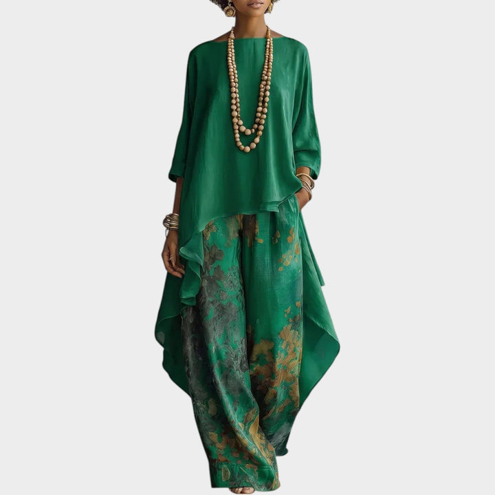 Floral boho tunic and wide leg pants matching set for women