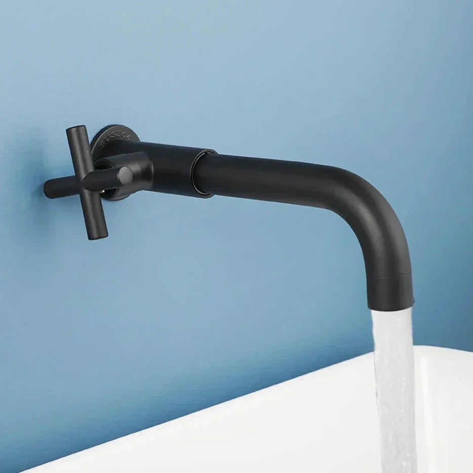 Black modern wall mounted waterfall basin mixer faucet in use