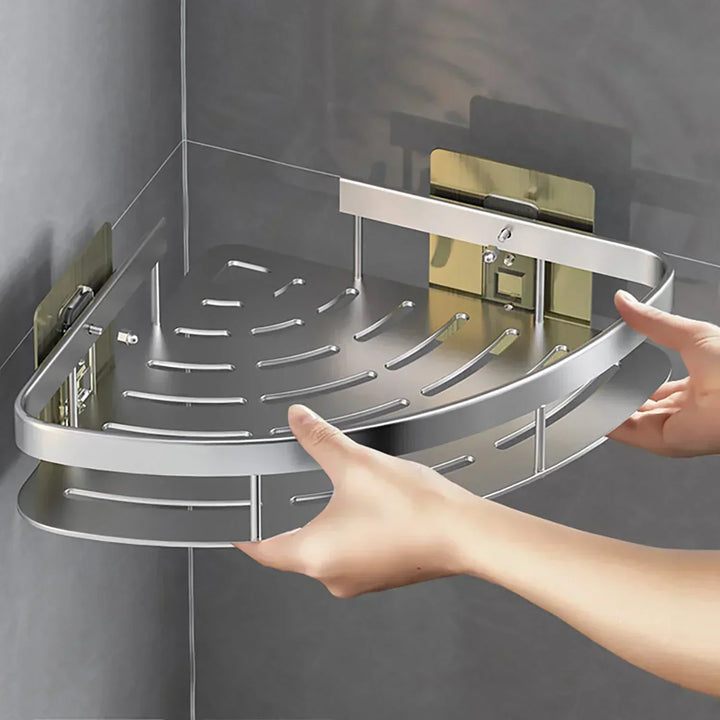 Home organization wall organizer mounted neatly beside bathroom sink