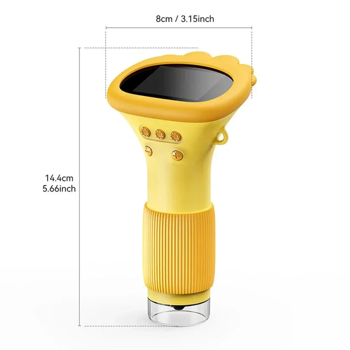Yellow WonderZoom kids microscope showing dimensions of 8 cm width and 14.4 cm height