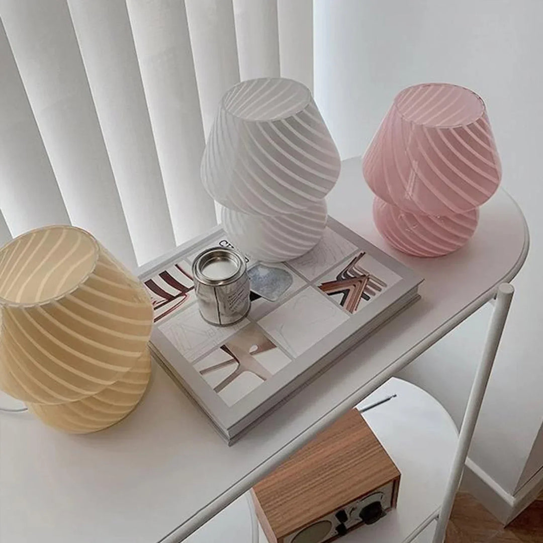 Close-up of the handcrafted striped glass texture on the decorative mushroom table lamp
