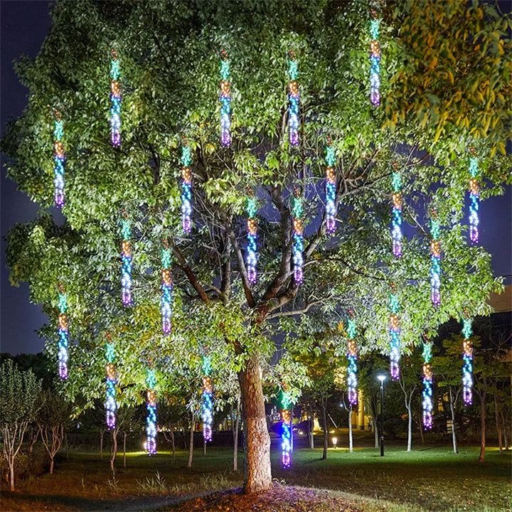 Close-up of bright LED tubes showing the vibrant holiday lighting and meteor shower holiday design