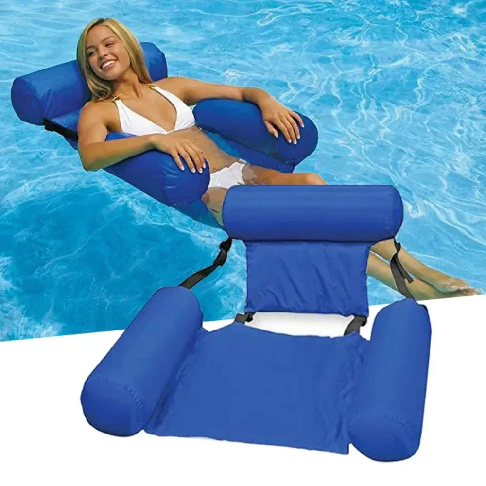 Dark blue inflatable water chair floating in a swimming pool with a woman relaxing