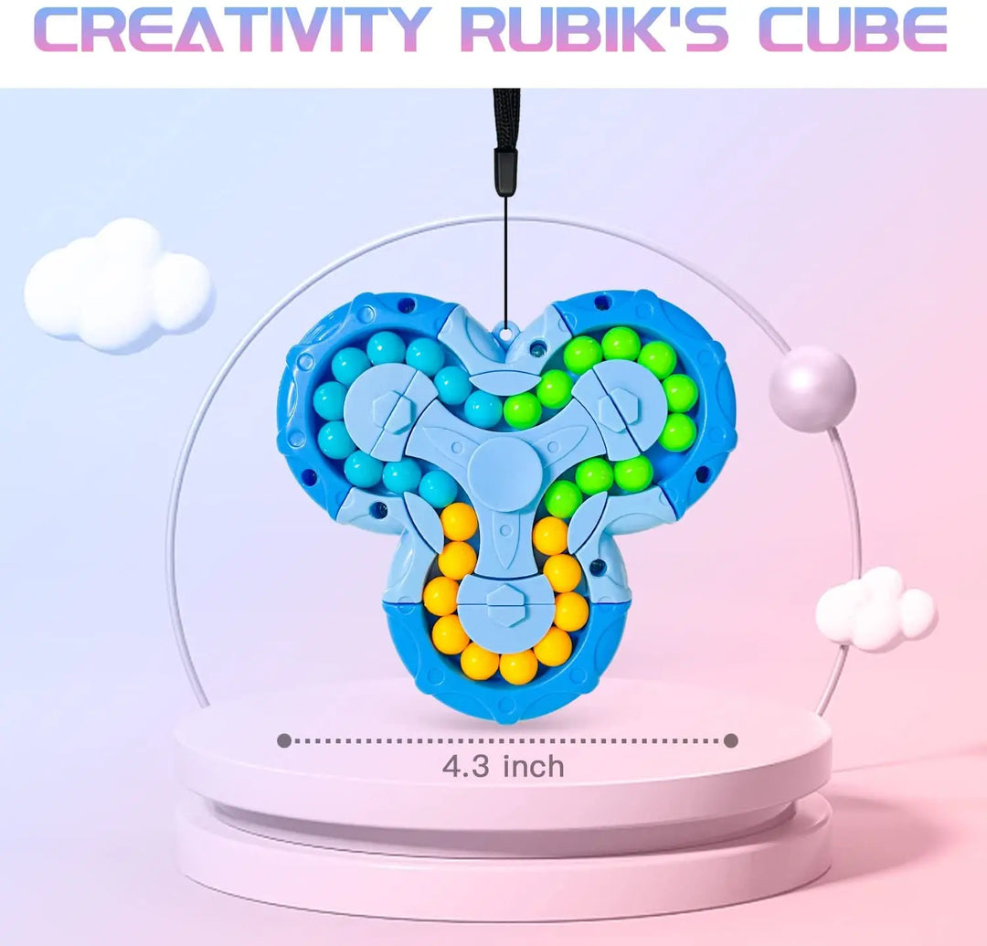 Blue fidget spinner shown hanging above a display platform with dimension indicator