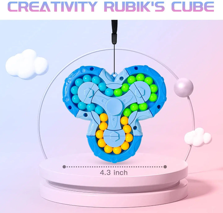Blue fidget spinner shown hanging above a display platform with dimension indicator