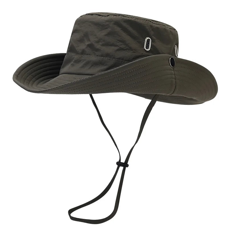 Close up of UV protection sun hat fabric and adjustable chin strap detail