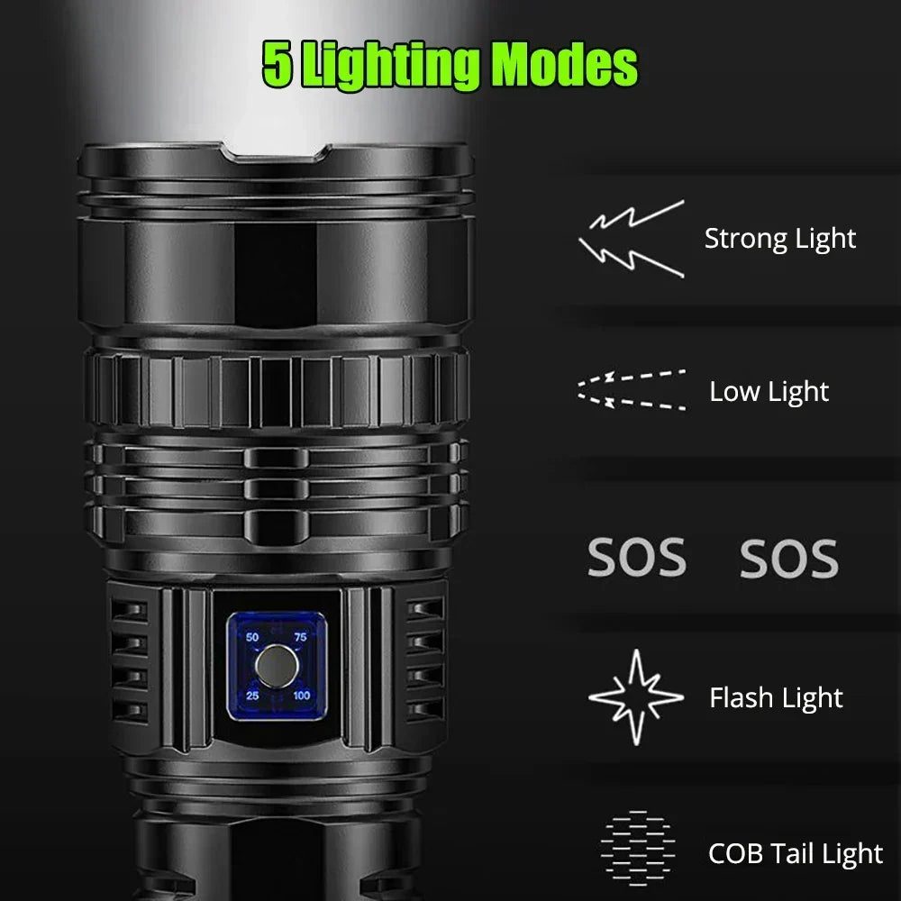 High lumens rechargeable LED flashlight showing powerful beam for camping and outdoor gear