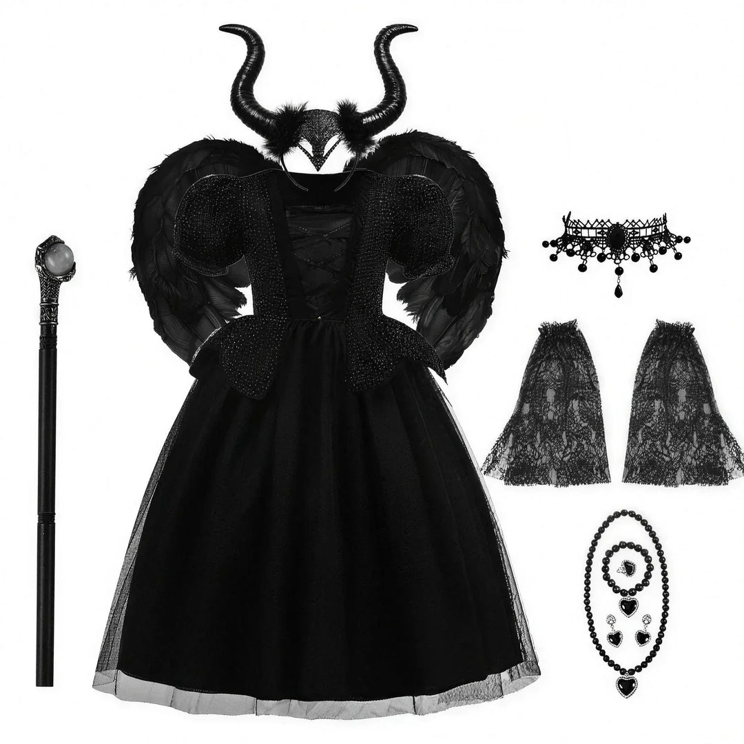 Full deluxe set of girls black witch costume with jewelry and accessories