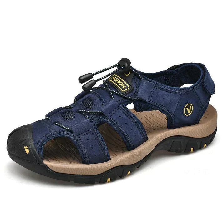 Blue men's orthopaedic walking sandal with ergonomic sole and bungee lacing